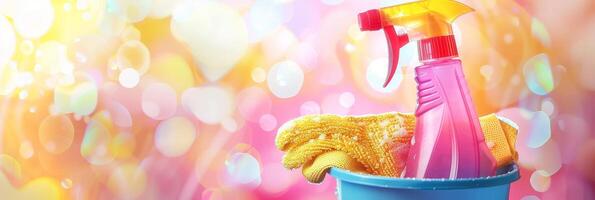 Cleaning lady standing with bucket and cleaning supplies against blurred background photo