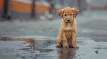 Lonely stray dog abandoned, hungry, and wet in the rain on the streets, seeking adoption photo