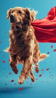 Adorable puppy in superhero costume playfully flying against vibrant blue background photo