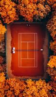 Contemporary aerial view of a sleek and minimalist tennis court taken by a drone photo