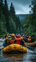 Team rafting adventure group maneuvers large boat through mountain rapids for extreme sport photo