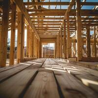 Construction of a wooden house frame underway at the construction site with work still in progress photo