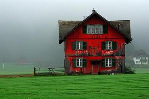 tradicional suizo señorío rojo país casa en Suiza rodeado por verde césped foto