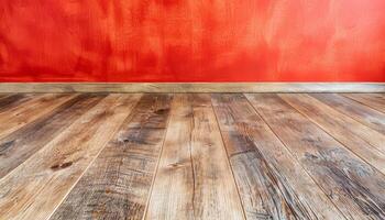 Contemporary orange wall design with copy space, mock up room setting, brown parquet floor photo