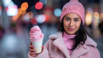 Joyful woman eating ice cream in park, with blurred city background and room for text photo