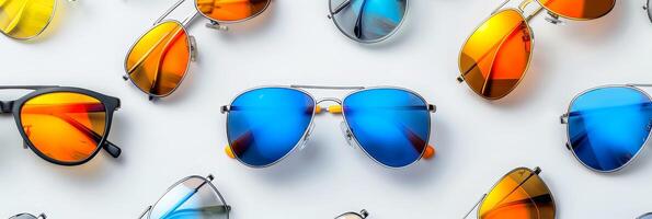 Collection of trendy sunglasses on bright background, top view for fashionable eyewear display photo