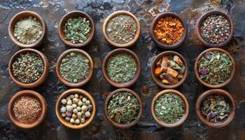 Assorted gourmet spices and seasonings in elegant wooden bowls on dark background photo