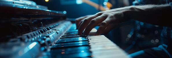 Female pianist and male guitarist in blurred music studio for text placement, artistic music concept photo