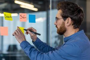 Close-up photo of a young businessman standing in an office and taking notes on a glass board.