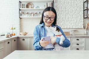 un contento joven hermosa asiático mujer en lentes es hablando en un llamar, participación un teléfono y su perro en su manos, sonriente a el cámara. sentado a hogar a el cocina mesa. foto