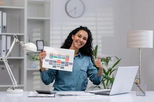 Cheerful Hispanic businesswoman presenting a colorful report and giving a thumbs up from her tidy home office setup. photo