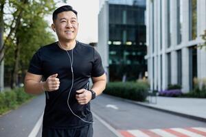 Asian smiling young man doing a morning jog in the city wearing headphones. photo