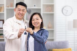 Happy young Asian family, man and woman standing hugging in house, apartment and holding keys in hands, pointing at camera, smiling. photo