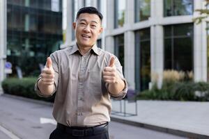 retrato de un exitoso y confidente asiático masculino empresario en pie cerca un oficina centro, sonriente a el cámara y demostración el súper firmar con su dedos. foto