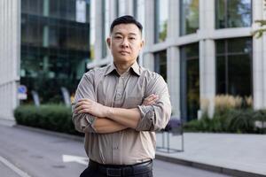 Portrait of a confident young Asian male businessman, founder and CEO, standing outside an office center, crossing his arms and looking seriously at the camera. photo