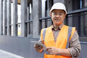 Portrait of a young smiling Asian man standing near a building in a hard hat and vest, holding a lancet and looking at the camera. photo