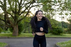 A joyful Hispanic woman in athletic wear running in a park during the evening. Captured with a focus on health, happiness, and nature. photo