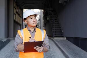 asiático joven hombre constructor, experto y inspector inspecciona y registros trabajo progreso. en pie en un difícil sombrero y chaleco, mirando alrededor y escritura documentos. foto