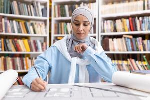 un enfocado musulmán mujer arquitecto en un hijab examina edificio planes en un biblioteca, rodeado por estantería de libros. foto
