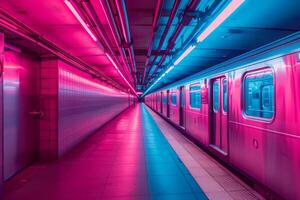 Vibrant pink and blue neon lights illuminate an empty subway train interior. photo
