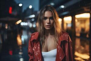 Captivating photo of a melancholic girl standing under the rain evoking feelings of sadness and contemplation