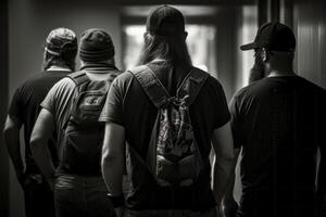 A group of hipster guys walking away seen from behind. Youthful and trendy lifestyle concept. photo