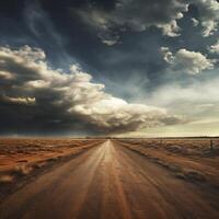 un convincente imagen de un largo Derecho y vacío americano la carretera debajo un vasto nublado cielo. foto