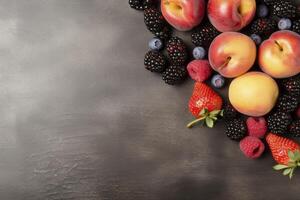 A captivating arrangement of fresh fruits and vegetables on a rustic textured background photo
