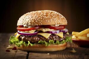 A delectable big hamburger composition on a rustic background symbolizing the epitome of flavorful cuisine photo