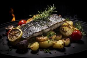 Perfectly roasted sea bass highlighted against a rustic wooden backdrop exuding flavor photo