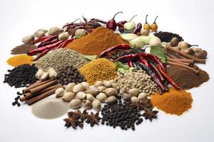 Vibrant mix of various spices showcased against a clean white background. photo