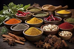 A captivating spread of diverse spices on a rustic textured backdrop. photo