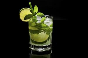 Fresh mojito cocktail illuminated against a deep black background photo