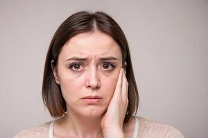 30 year old woman with a sad expression her deep eyes speaking volumes against a white background. photo