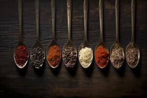 Delightful array of varied spices nestled in spoons on a rustic backdrop photo