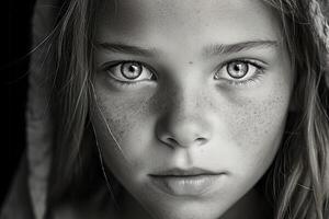 An enchanting and captivating super close up portrait of a cute and endearing young girl. photo