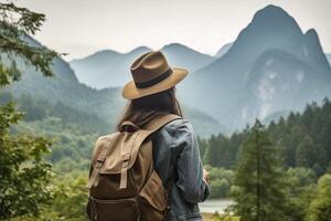 A free spirited woman traveler embraces her wanderlust carrying a backpack and wearing a hat as she explores new destinations and immerses herself in the beauty of the world. photo