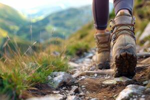 cerca arriba de caminante s botas en escabroso sendero fondo de hermosa natural paisaje simbolizando viaje y exploración de senderismo. foto