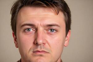 20 year old man with a dazed expression and striking eyes set against a clean white background. photo