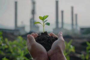 Hands holding sprouting plant against backdrop of smokestacks symbolize hope for greener future. photo