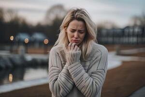 A poignant portrait capturing the sorrow and solitude of a young blonde girl. photo