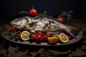 Perfectly roasted sea bass highlighted against a rustic wooden backdrop exuding flavor photo