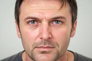 30 year old man with a dazed expression and deep eyes against a stark white background. photo