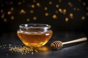 A delightful food composition featuring honey drizzling set against a rustic background photo