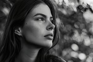 A stunning female portrait in black and white with deep shadows. AI generate photo