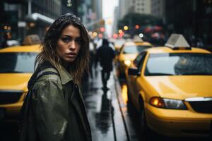 un mujer en el tráfico de un grande ciudad con algunos Taxis. ai generativo foto