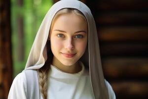 A cheerful nun in close up portrait. photo