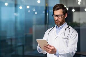 A serious and thoughtful doctor reads medical information from a tablet computer, a man in a medical gown uses a tablet, concentrates, types messages and reviews the patient's record photo