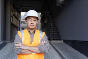 retrato de un asiático joven hombre quien trabajos en construcción y fabricación, en pie en un protector casco y chaleco, cruce su brazos en su espalda, mirando con confianza a el cámara. foto