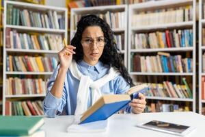 A serious, middle-aged female librarian with glasses carefully examines a book while organizing the library shelves, surrounded by an extensive collection of books. photo